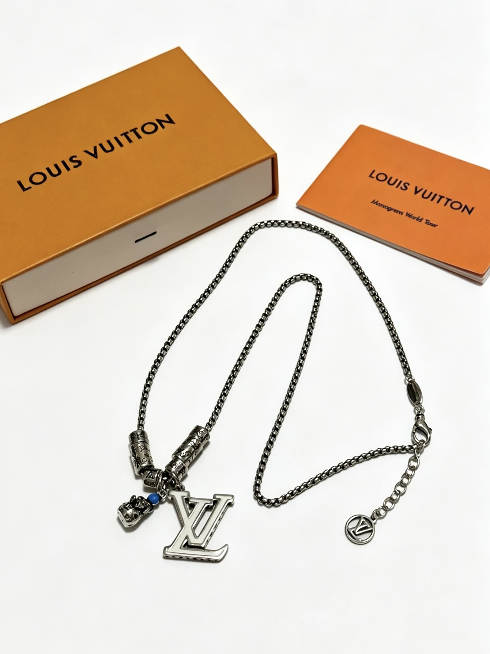 Louis Vuitton Silver Tone Chain Necklace with LV Logo and Charms